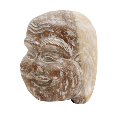 Wood sculpture, 'Buddha Thoughts' - Natural Suar Wood Whitewash Buddha Head Sculpture