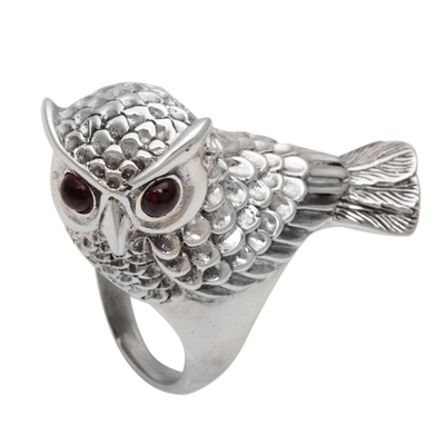 Garnet cocktail ring, 'Wise Guardian' - Hand Crafted Sterling Silver and Garnet Cocktail Ring