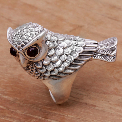 Garnet cocktail ring, 'Wise Guardian' - Hand Crafted Sterling Silver and Garnet Cocktail Ring