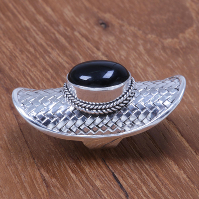 Onyx cocktail ring, 'True Glamour' - Artisan Crafted Sterling Silver and Onyx Cocktail Ring