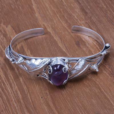 Amethyst cuff bracelet, 'Lost In Nature' - Artisan Crafted Sterling Silver and Amethyst Cuff Bracelet