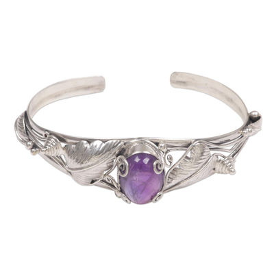 Amethyst cuff bracelet, 'Lost In Nature' - Artisan Crafted Sterling Silver and Amethyst Cuff Bracelet
