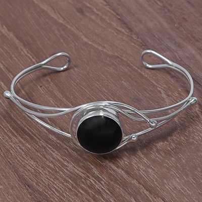 Onyx cuff bracelet, 'Knowing Eye' - Artisan Crafted Sterling Silver and Onyx Cuff Bracelet