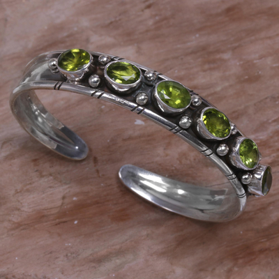 Peridot cuff bracelet, 'Star Bright' - Artisan Crafted Sterling Silver and Peridot Cuff Bracelet
