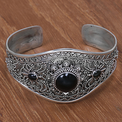 Sterling Silver and Black Onyx Cuff Bracelet from Indonesia - Celuk Style  in Black | NOVICA