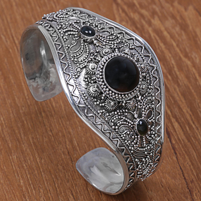 Onyx cuff bracelet, 'Celuk Style in Black' - Sterling Silver and Black Onyx Cuff Bracelet from Indonesia
