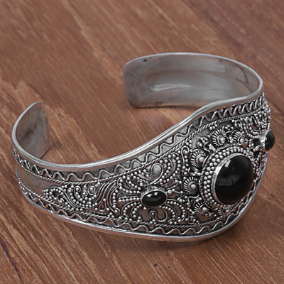 Onyx cuff bracelet, 'Celuk Style in Black' - Sterling Silver and Black Onyx Cuff Bracelet from Indonesia