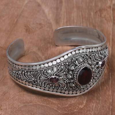 Garnet cuff bracelet, 'Celuk Style' - Ornate Balinese Sterling Silver and Garnet Cuff Bracelet