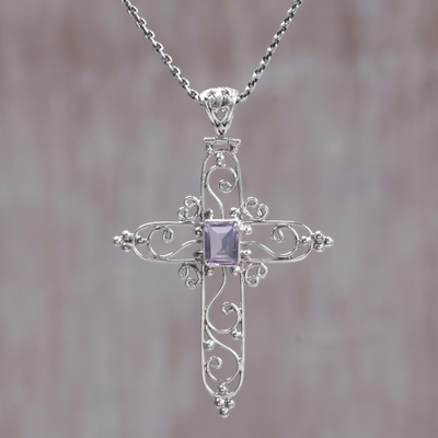 Amethyst pendant necklace, 'Cross in Bloom' - Sterling Silver and Amethyst Christian Cross Necklace
