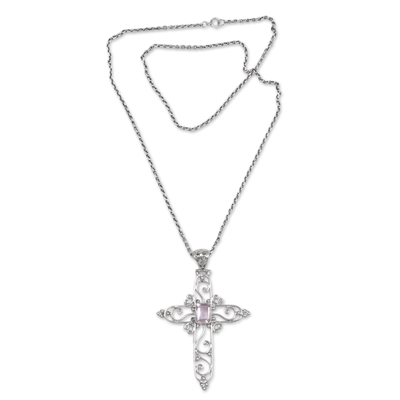 Amethyst pendant necklace, 'Cross in Bloom' - Sterling Silver and Amethyst Christian Cross Necklace