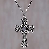 Moonstone pendant necklace, 'Purity Cross' - Moonstone and Sterling Silver Cross Necklace from Bali