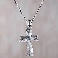 Blue topaz cross pendant necklace, 'Blue Faith'