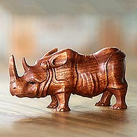Wood sculpture, 'Java Rhino' - Hand Carved Wood Sculpture of a Rhinoceros from Indonesia