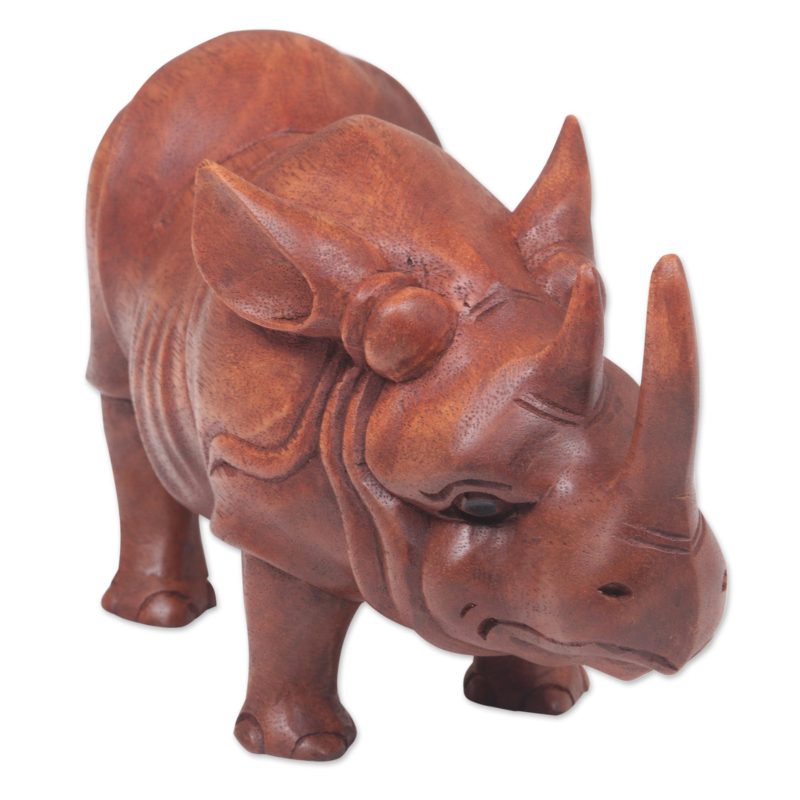 Hand Carved Wood Sculpture of a Rhinoceros from Indonesia - Java