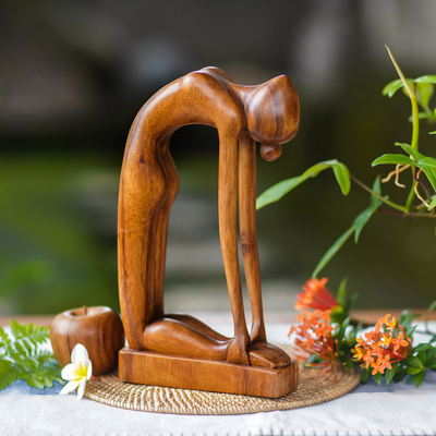 Wood sculpture, 'Camel Pose' - Indonesian Hand-Carved Signed Wood Tabletop Yoga Sculpture