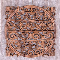 Wood wall relief, 'Majestic Floral' - Hand Carved Floral Wood Wall Relief from Indonesia