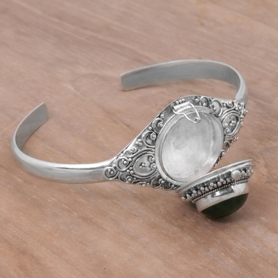 Quartz cuff locket bracelet, 'Mythical Green Stone' - Green Quartz and Sterling Silver Locket Bracelet from Bali