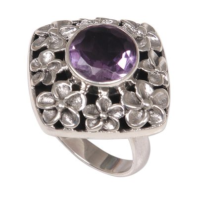 Amethyst floral cocktail ring, 'Jepun Shrine' - Hand Made Amethyst and Sterling Silver Floral Cocktail Ring