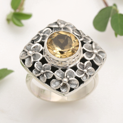 Citrine cocktail ring, 'Jepun Shrine' - Hand Made Balinese Sterling Silver and Citrine Cocktail Ring