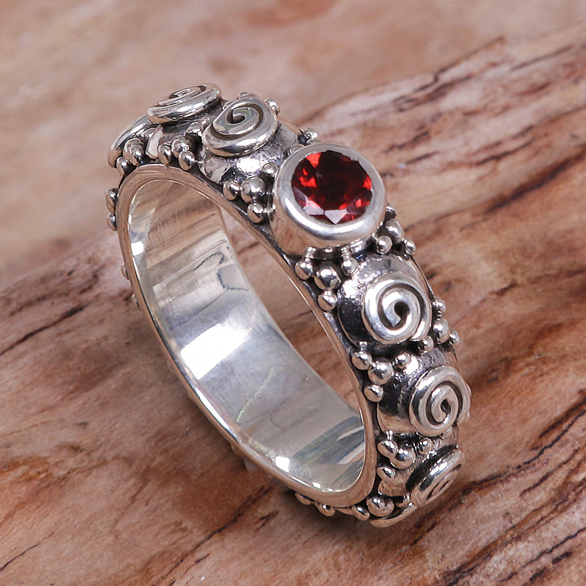 | Red Joy Ring - Sterling in from and Stone Indonesia Single NOVICA Garnet Silver Swirls of