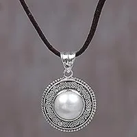 Cultured mabe pearl pendant necklace, 'White Orb' - Cultured Mabe Pearl and Leather Cord Pendant Necklace