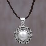 Cultured mabe pearl pendant necklace, 'White Orb' - Cultured Mabe Pearl and Leather Cord Pendant Necklace