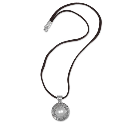 Cultured mabe pearl pendant necklace, 'White Orb' - Cultured Mabe Pearl and Leather Cord Pendant Necklace