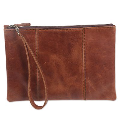 Brown Leather Wristlet with Zipper from Indonesia