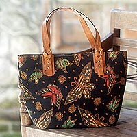 Cotton and leather accent batik tote handbag, 'Midnight Monarchs' - Cotton and Leather Accent Batik Tote Bag from Indonesia