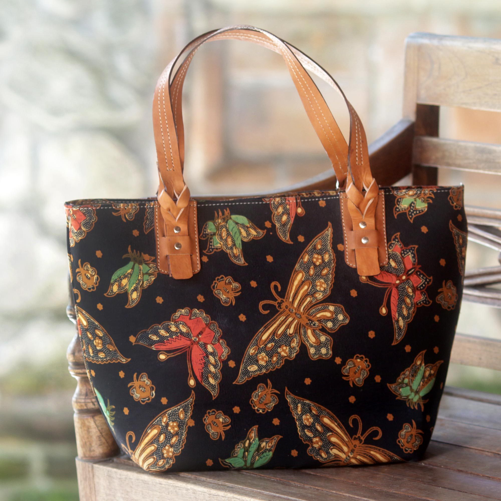 Cotton and Leather Accent Batik Tote Bag from Indonesia Midnight