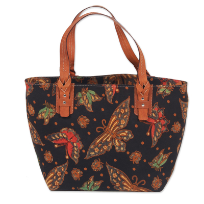 Cotton and Leather Accent Batik Tote Bag from Indonesia