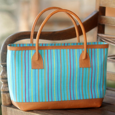Cotton and leather accent tote handbag, 'Cheerful Lines' - Hand Woven Blue Striped Handle Handbag from Indonesia