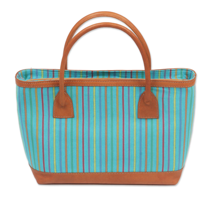 Hand Woven Blue Striped Handle Handbag from Indonesia