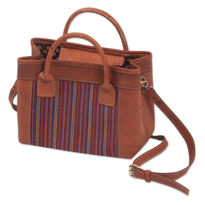Cotton and leather shoulder bag, 'Blossoming Stripes' - Hand Woven Cotton and Leather Trim Shoulder Bag Indonesia