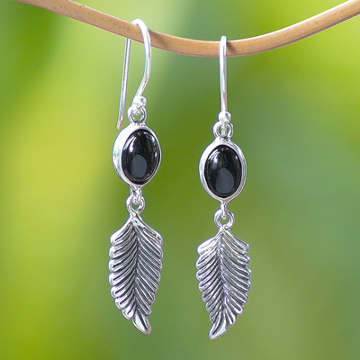 Onyx dangle earrings, 'Passionate Hope' - Balinese 925 Sterling Silver Feather Earrings with Onyx