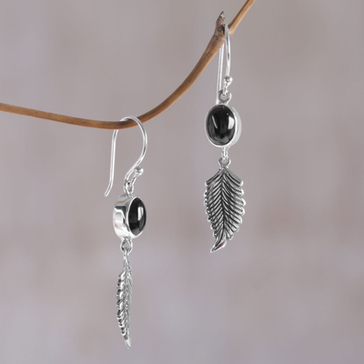Onyx dangle earrings, 'Passionate Hope' - Balinese 925 Sterling Silver Feather Earrings with Onyx