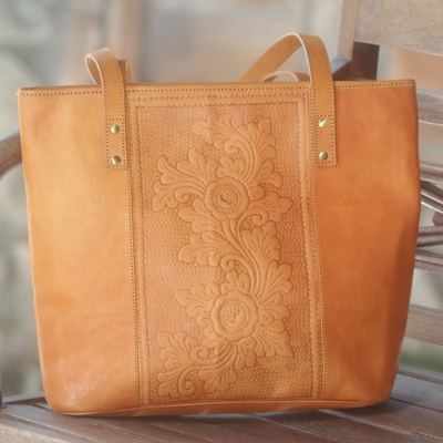 Leather tote handbag, 'Petaled Temple' - Hand Made Leather Floral Tote Handbag from Indonesia