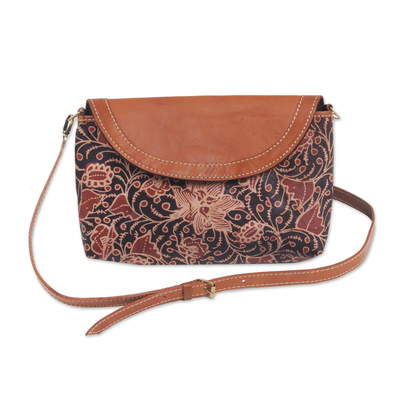 Batik leather sling bag, 'Lunglungan Lady' - Batik Floral Leather Shoulder Bag from Indonesia