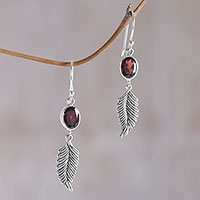 Garnet dangle earrings, 'Passionate Hope' - Balinese 925 Sterling Silver Feather Earrings with Garnet