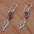 Garnet dangle earrings, 'Passionate Hope' - Balinese 925 Sterling Silver Feather Earrings with Garnet