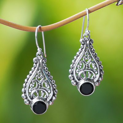 Onyx dangle earrings, 'Princess Tears in Black' - Artisan Crafted Onyx and Sterling Silver Earrings from Bali
