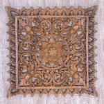 Wood relief panel, 'Lotus Altar' - Hand-Carved Suar Wood Lotus Flower Relief Panel from Bali