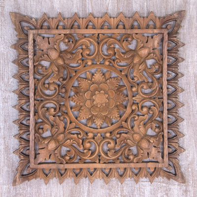 Wood relief panel, 'Lotus Altar' - Hand-Carved Suar Wood Lotus Flower Relief Panel from Bali