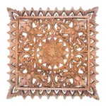 Wood relief panel, 'Lotus Altar' - Hand-Carved Suar Wood Lotus Flower Relief Panel from Bali