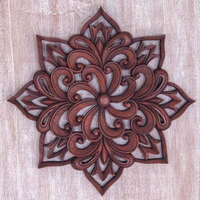 Wood wall relief, 'Balinese Spiral Flower' - Hand Carved Floral Wood Wall Relief from Indonesia