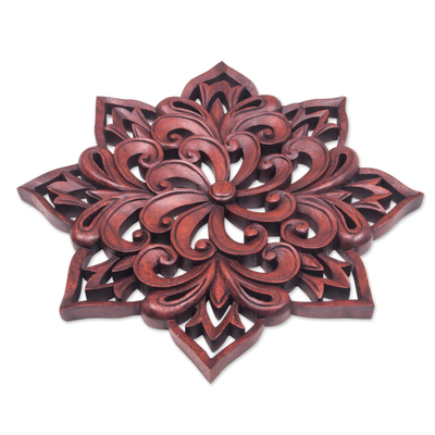 Relieve de pared de madera - Relieve de pared de madera floral tallado a mano de Indonesia
