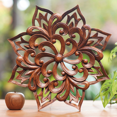 Wood wall relief, 'Balinese Spiral Flower' - Hand Carved Floral Wood Wall Relief from Indonesia