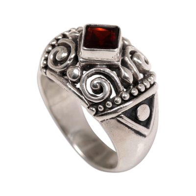 Garnet cocktail ring, 'Heart of Red' - Balinese Classic Sterling Silver and Garnet Cocktail Ring