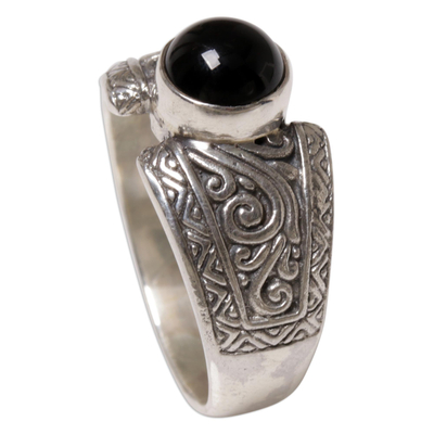 Onyx single stone ring, 'Amnesty in Black' - Sterling Silver and Black Onyx Single Stone Ring from Bali