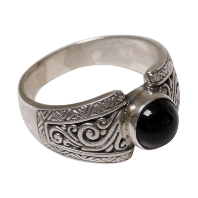 Onyx single stone ring, 'Amnesty in Black' - Sterling Silver and Black Onyx Single Stone Ring from Bali
